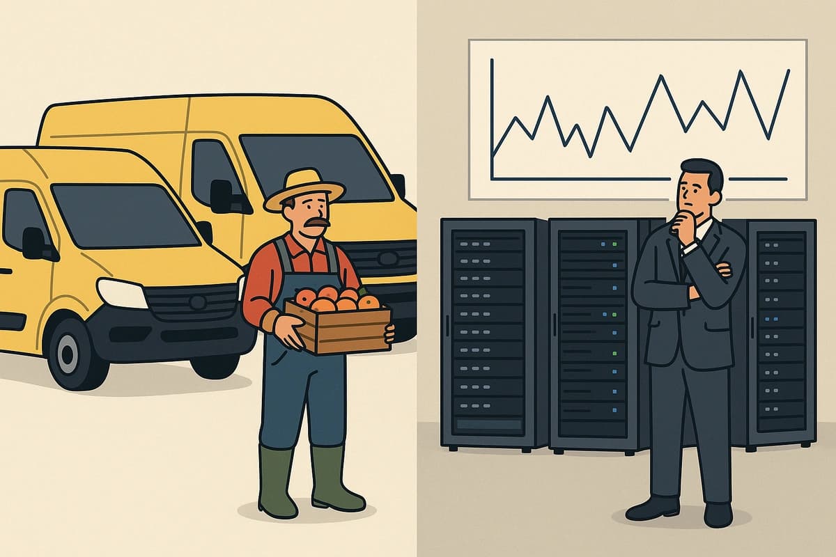 Split-screen illustration showing a farmer with peaches on one side and a CxO in a data center on the other, visually comparing agricultural and IT infrastructure planning